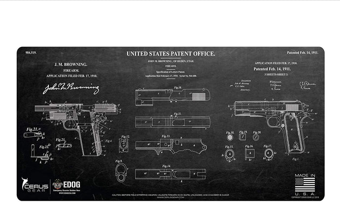 1911P Gun Cleaning Mat - Vintage Collectors Edition of The Original John M. Browning 1911 Patent Application - 3 mm Padded Pad Protects Your Firearm Oil Solvent Resistant 12 X 27