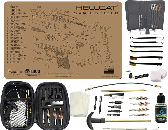 EDOG Premier 30 Pc Gun Cleaning System - Compatible with Springfield Armory Hellcat - Tan - Schematic (Exploded View) Mat, Range Warrior Universal .22 9mm - .45 Kit & Tac Book Accessories Set