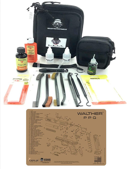 RangeMaster Elite EDC Bag Gun Cleaning Kit- Compatible for Walther PPQ - Tan - Schematic Mat (Exploded View) with Hoppes Gun Oil No.9 Solvent & Patches Clenzoil CLP 10 Pc Cleaning Accessories Set