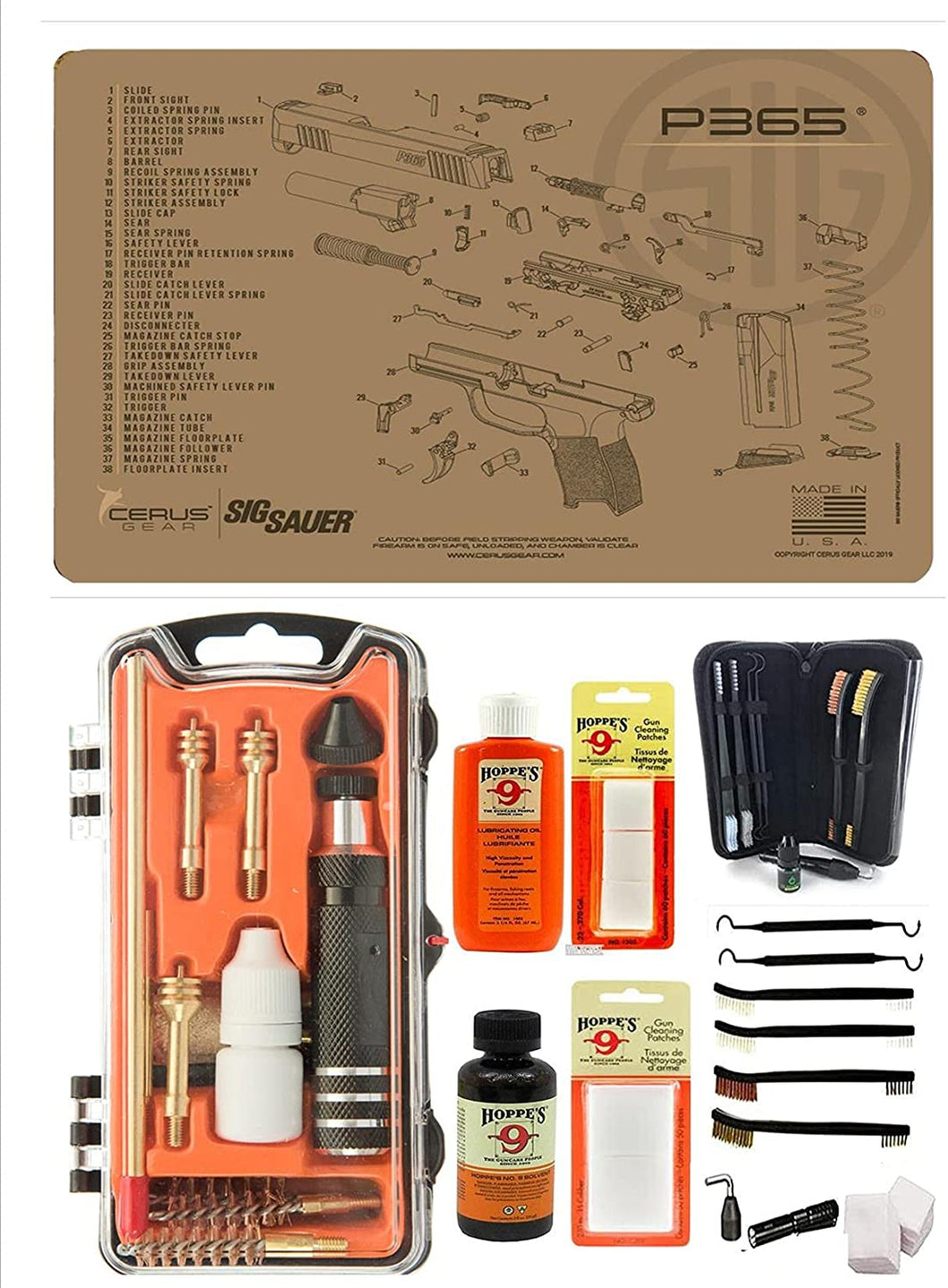 EDOG USA Outlaw 28 Pc Pistol Cleaning Kit - Compatible for Sig Sauer P365 Tan Flat Dark Earth - Schematic (Exploded View) Mat, Calibers 9MM to .45 & Tac Pak Pistol Cleaning Essentials Kit
