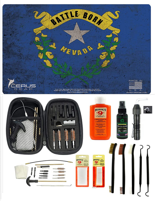 EDOG USA BANDIT 29 Pc Pistol Cleaning System - Nevada State Flag Handgun Honor & Pride Pistol Mat & Range Warrior .22 .38 .357 9MM .45 gun Cleaning Kit &.22 9mm - .45 Kit & Clenzoil CLP & Hoppes Gun Oil & Patchs
