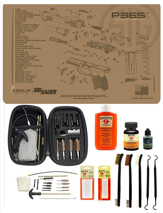 Range Warrior 27 Pc Gun Cleaning Kit - Compatible with Sig Sauer P365 Tan Flat Dark Earth - Schematic (Exploded View) Mat .22 9mm - .45 Kit