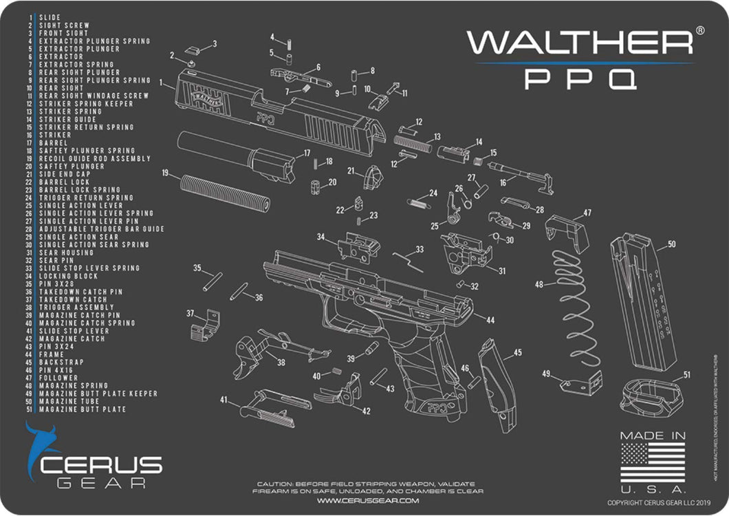 Walther PPQ Cerus Gear Schematic (Exploded View) Heavy Duty Pistol Cleaning 12x17 Padded Gun-Work Surface Protector Mat Solvent & Oil Resistant