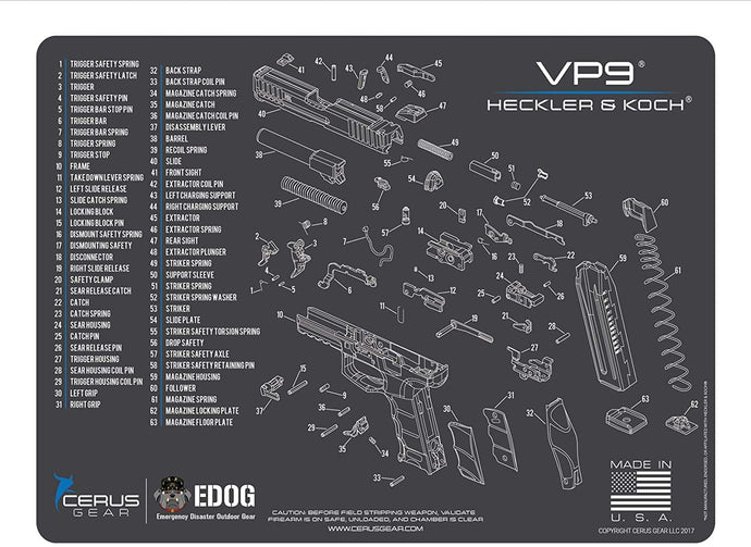 Heckler & Koch VP9 Cerus Gear Schematic (Exploded View) Heavy Duty Pistol Cleaning 12x17 Padded Gun-Work Surface Protector Mats Solvent & Oil Resistant