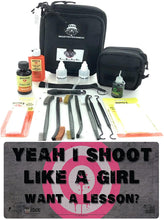 Load image into Gallery viewer, RangeMaster Elite EDC Bag Gun Cleaning Kit- Ladies Shoot Like a Girl 12” X 27” Lifestyle Pistol Mat with Hoppes Gun Oil No.9 Solvent &amp; Patches Clenzoil CLP 10 Pc Cleaning Accessories Set