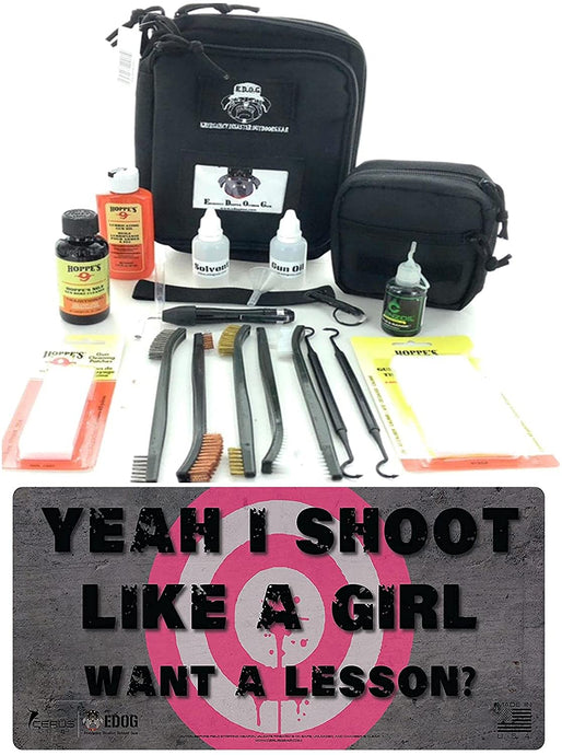 RangeMaster Elite EDC Bag Gun Cleaning Kit- Ladies Shoot Like a Girl 12” X 27” Lifestyle Pistol Mat with Hoppes Gun Oil No.9 Solvent & Patches Clenzoil CLP 10 Pc Cleaning Accessories Set