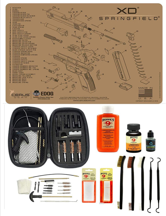 Range Warrior 27 Pc Gun Cleaning Kit - Compatible with Springfield Arnory XD - Tan - Schematic (Exploded View) Mat .22 9mm - .45 Kit