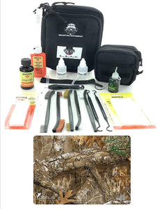 RangeMaster Elite EDC Bag Gun Cleaning Kit- Licensed Real Tree Lifestyle Pistol Mat with Hoppes Gun Oil No.9 Solvent & Patches Clenzoil CLP 10 Pc Cleaning Accessories Set