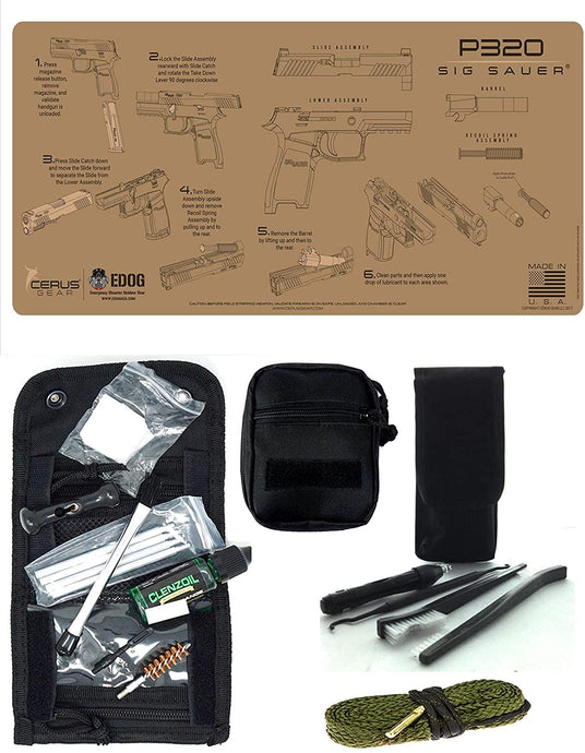 EDOG USA Pistolero 14 Pc 9MM.38 & .357 Pc Gun Cleaning Kit - Compatible for Sig Sauer P320 - Tan Instructional - Instructional Step by Step Pistol Mat, Pistolero Caliber Specific 9 MM, 38 & 357