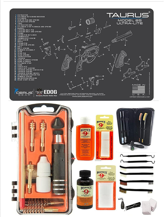 EDOG USA Outlaw 28 Pc Pistol Cleaning Kit - Compatible for Taurus Model 85 - Schematic (Exploded View) Mat, Calibers 9MM to .45 & Tac Pak Pistol Cleaning Essentials Kit