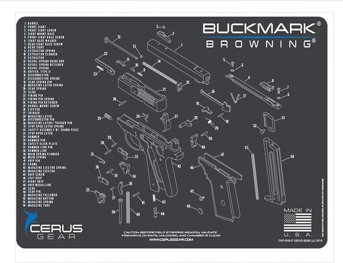 Browning Buckmark Cerus Gear Schematic (Exploded View) Heavy Duty Pistol Cleaning 12x17 Padded Gun-Work Surface Protector Mat Solvent & Oil Resistant