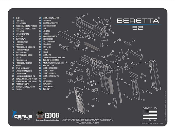Beretta 92 Cerus Gear Schematic (Exploded View) Heavy Duty Pistol Cleaning 12x17 Padded Gun-Work Surface Protector Mat Solvent & Oil Resistant