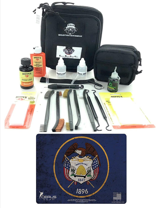RangeMaster Elite EDC Bag Gun Cleaning Kit- Utah State Flag Honor & Pride Pistol Mat & with Hoppes Gun Oil No.9 Solvent & Patches Clenzoil CLP 10 Pc Cleaning Accessories Set