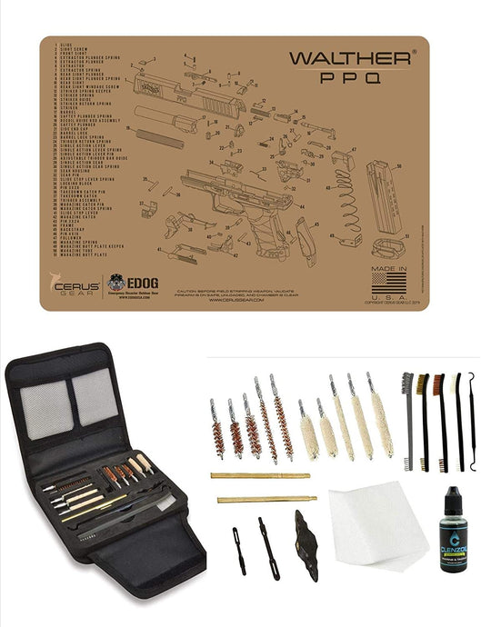 EDOG Gunslinger 20 PC Gun Cleaning Kit - Pistol Mat Compatible with Walther PPQ - Tan - Schematic (Exploded View) Mat, Gunslinger Universal .22 .38 .357 9mm .40 & .45 Caliber Kit
