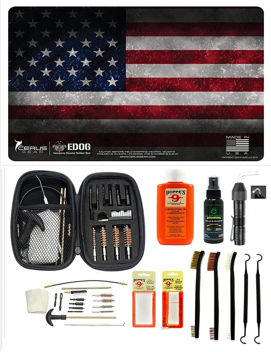 EDOG USA BANDIT 29 Pc Pistol Cleaning System - Old Glory U.S. American Flag Handgun Honor & Pride Pistol Mat & Range Warrior .22 .38 .357 9MM .45 Gun Cleaning Kit & Clenzoil CLP & Hoppes Gun Oil & Patchs