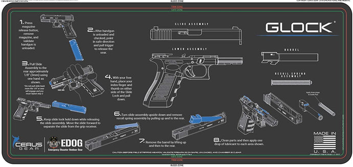 Glock Gun Cleaning Mat - Instructional Step by Step Takedown Diagram Compatible with All Glock Handguns
