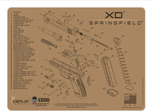 Load image into Gallery viewer, EDOG Gunslinger 20 PC Gun Cleaning Kit - Pistol Mat Compatible with Springfield Arnory XD - Tan - Schematic (Exploded View) Mat, Gunslinger Universal .22 .38 .357 9mm .40 &amp; .45 Caliber Kit