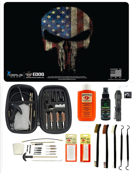 EDOG USA BANDIT 29 Pc Pistol Cleaning System - The Reaper Handgun Honor & Pride Pistol Mat & Range Warrior .22 .38 .357 9MM .45 Gun Cleaning Kit & Clenzoil CLP & Hoppes Gun Oil & Patchs