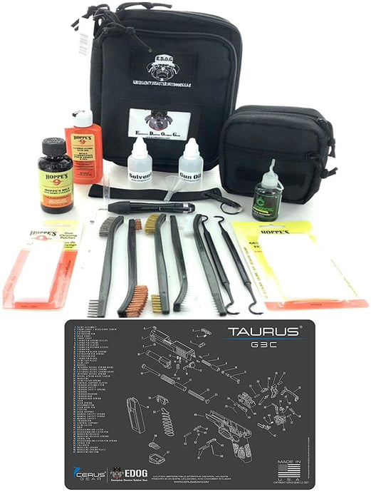 RangeMaster Elite EDC Bag Gun Cleaning Kit- Compatible for Taurus G3 Schematic Mat (Exploded View) Pistol with Hoppes Gun Oil No.9 Solvent & Patches Clenzoil CLP 10 Pc Cleaning Accessories Set