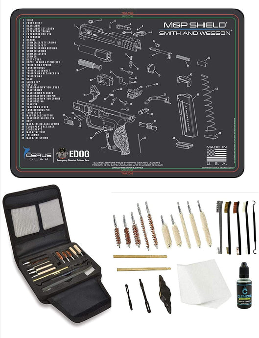EDOG S&W M&P Shield Promat & 20 Pc Gunslinger Universal Handgun Cleaning Kit | Clenzoil CLP | Brushes | Mops | Patchs | Jags | .22 - .45 Caliber
