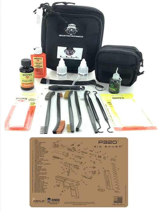 RangeMaster Elite EDC Bag Gun Cleaning Kit- Compatible for Sig Sauer P320 Tan - Schematic Mat (Exploded View) with Hoppes Gun Oil No.9 Solvent & Patches Clenzoil CLP 10 Pc Cleaning Accessories Set