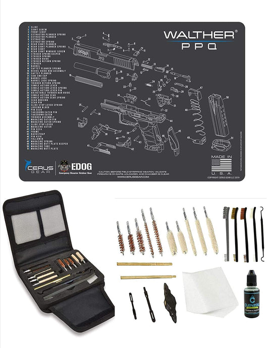 EDOG Walther PPQ Promat & 20 Pc Gunslinger Universal Handgun Cleaning Kit | Clenzoil CLP | Brushes | Mops | Patchs | Jags | .22 - .45 Caliber