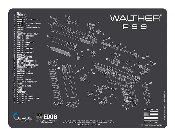 Walther P99 Cerus Gear Schematic (Exploded View) Heavy Duty Pistol Cleaning 12x17 Padded Gun-Work Surface Protector Mat Solvent & Oil Resistant