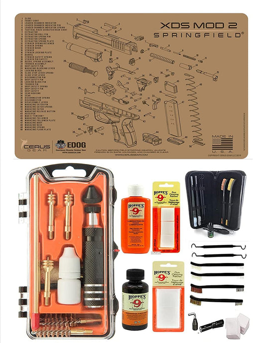 EDOG USA Outlaw 28 Pc Pistol Cleaning Kit - Compatible for Springfield Armory XDs Mod2 Tan - Schematic (Exploded View) Mat, Calibers 9MM to .45 & Tac Pak Pistol Cleaning Essentials Kit