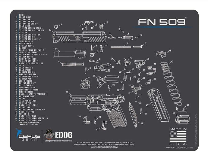 FN509 Cerus Gear Schematic (Exploded View) Heavy Duty Pistol Cleaning 12x17 Padded Gun-Work Surface Protector Mat Solvent & Oil Resistant
