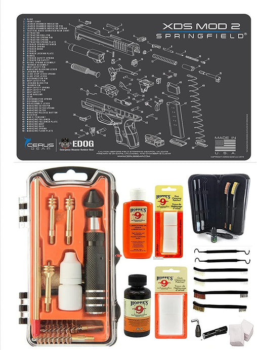 EDOG USA Outlaw 28 Pc Pistol Cleaning Kit - Compatible for Springfield Armory XD Mod 2 - Schematic (Exploded View) Mat, Calibers 9MM to .45 & Tac Pak Pistol Cleaning Essentials Kit