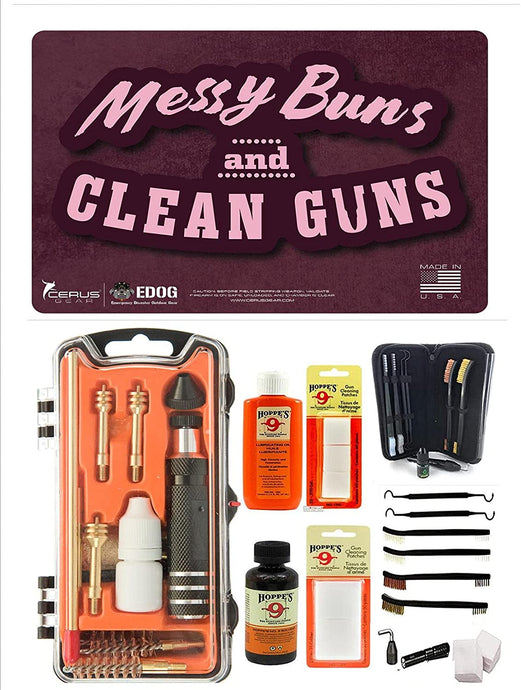 EDOG USA Outlaw 28 Pc Pistol Cleaning Kit - Ladies Messy Buns Lifestyle Pistol Mat Mat, Calibers 9MM to .45 & Tac Pak Pistol Cleaning Essentials Kit