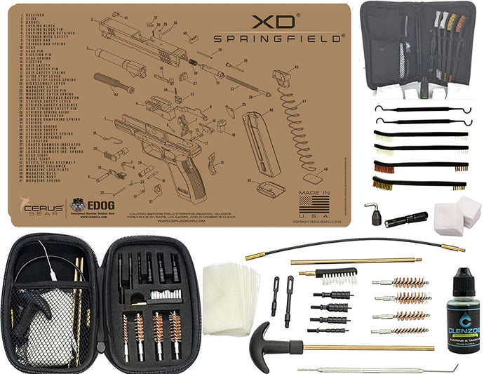 EDOG Premier 30 Pc Gun Cleaning System - Compatible with Springfield Arnory XD - Tan - Schematic (Exploded View) Mat, Range Warrior Universal .22 9mm - .45 Kit & Tac Book Accessories Set