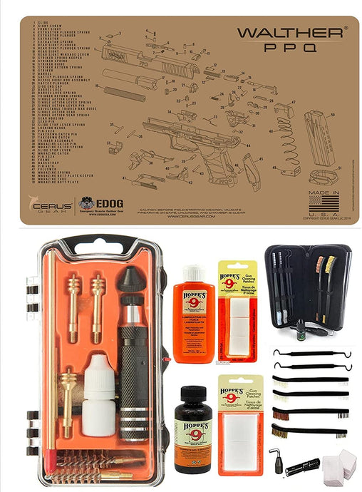 EDOG USA Outlaw 28 Pc Pistol Cleaning Kit - Compatible for Walther PPQ - Tan - Schematic (Exploded View) Mat, Calibers 9MM to .45 & Tac Pak Pistol Cleaning Essentials Kit