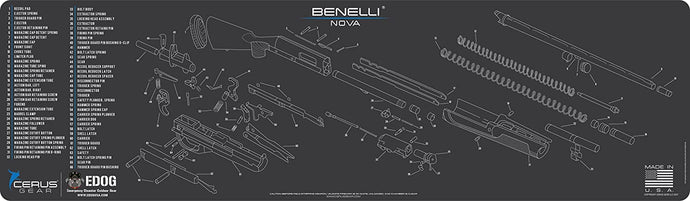 Nova Gun Cleaning Mat - Schematic (Exploded View) Diagram Compatible with Benelli Nova Shotgun 14 x48 3mm Padded Protects Your Firearm Magazines Bench Table Surfaces Oil Solvent Resistant
