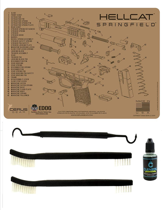 EDOG Hellcat Tan Flat Dark Earth 5 PC Schematic (Exploded View) Heavy Duty Pistol Cleaning 12x17 Padded Gun-Work Surface Protector Mat Solvent & Oil Resistant & 3 PC Cleaning Essentials & Clenzoil