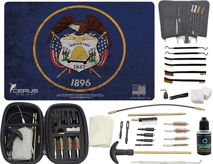 EDOG Premier 30 Pc Gun Cleaning System - Utah State Flag Handgun Honor & Pride Pistol Mat & Range Warrior .22 .38 .357 9MM .45 Gun Cleaning Kit & 12 PC Tac Book Cleaning Essentials Kit