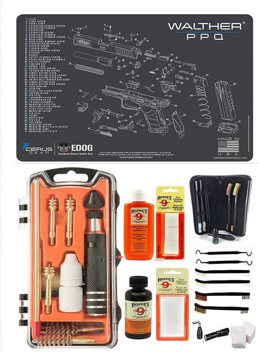 EDOG USA Outlaw 28 Pc Pistol Cleaning Kit - Compatible for Walther PPQ - Schematic (Exploded View) Mat, Calibers 9MM to .45 & Tac Pak Pistol Cleaning Essentials Kit