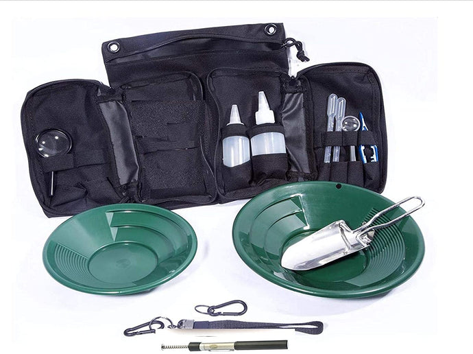 VAS 21 PC Black Backpackers Gold Panning Pan Essentials Kit | Molle Bag | 2 Gold Pans | Adults | Kids | Beginners Too! | Equipment for Metal Detecting & Gold Panning (Black Gold Pans)