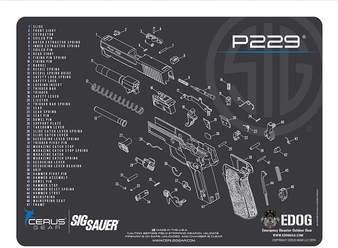 Sig P229 Gun Cleaning Mat - Schematic (Exploded View) Diagram Compatible with Sig Sauer P229 Series Pistol 3 mm Padded Pad Protect Your Firearm Magazines Bench Surfaces Gun Oil Solvent Resistant