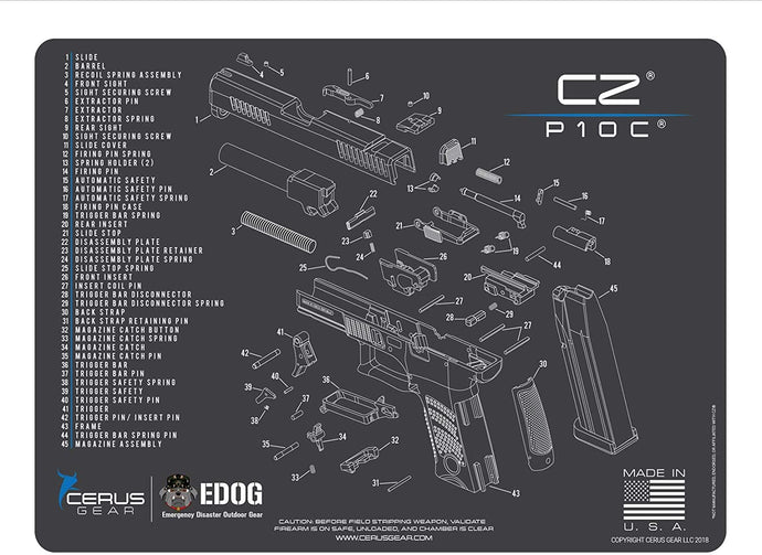 CZ 10C Cerus Gear Schematic (Exploded View) Heavy Duty Pistol Cleaning 12x17 Padded Gun-Work Surface Protector Mat Solvent & Oil Resistant