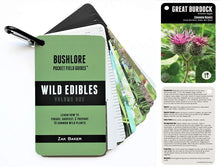 Load image into Gallery viewer, Bushlore Wild Edible Plants Cards - 19 Pocket Field Guide Emergency Survival Kit Disaster Camping Preparedness Card EDC Backpack Wallet Ultimate Tiny Waterproof Food Source Tool Find Identify Harvest
