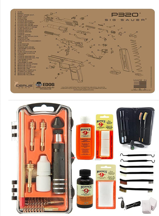 EDOG USA Outlaw 28 Pc Pistol Cleaning Kit - Compatible for Sig Sauer P320 Tan - Schematic (Exploded View) Mat, Calibers 9MM to .45 & Tac Pak Pistol Cleaning Essentials Kit