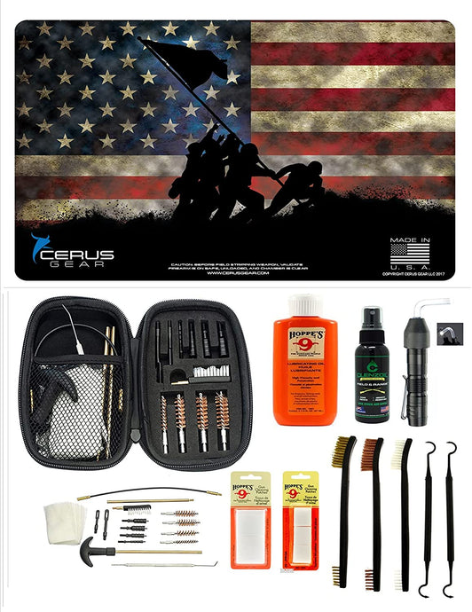 EDOG USA BANDIT 29 Pc Pistol Cleaning System -Iwo Jima Memorial U.S.M.C. Pride Pistol ProMat, Range Warrior .22 .38 .357 9MM .45 Kit & Clenzoil CLP & Hoppes Gun Oil & Patchs