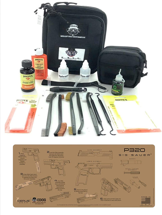 RangeMaster Elite EDC Bag Gun Cleaning Kit- Compatible for Sig Sauer P320 - Tan Instructional - Step by Step Pistol Mat with Hoppes Gun Oil No.9 Solvent & Patchs Clenzoil CLP & 10Pc Accessories