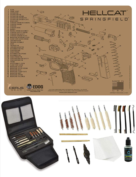 EDOG Gunslinger 20 PC Gun Cleaning Kit - Pistol Mat Compatible with Springfield Armory Hellcat - Tan - Schematic (Exploded View) Mat, Gunslinger Universal .22 .38 .357 9mm .40 & .45 Caliber Kit