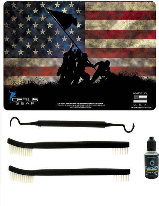 EDOG Historic U.S. Marines Iwp Jima 5 PC Cerus Gear Heavy Duty Pistol Cleaning 12x17 Padded Gun-Work Surface Protector Mat Solvent & Oil Resistant & 3 PC Cleaning Essentials & Clenzoil