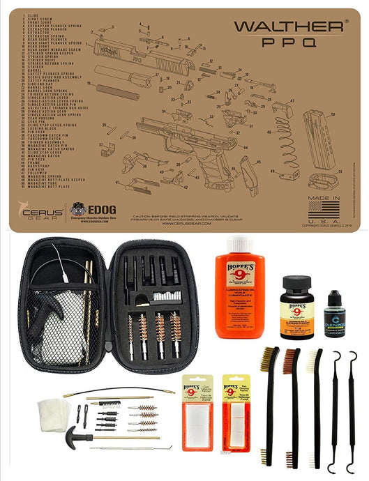 Range Warrior 27 Pc Gun Cleaning Kit - Compatible with Walther PPQ - Tan - Schematic (Exploded View) Mat .22 9mm - .45 Kit