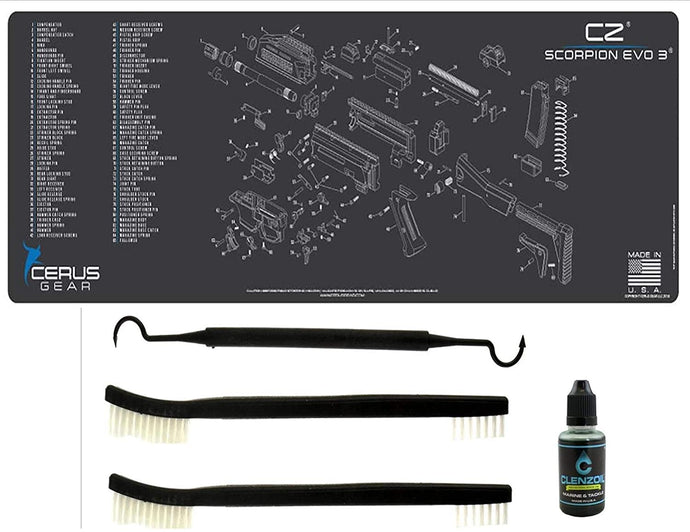 EDOG CZ Scorpion EVO3 5 Pc Schematic (Exploded View) Heavy Duty Rifle Cleaning 12”x 36” Padded Gun-Work Surface Protector Mat Solvent & Oil Resistant & 4 Pc Cleaning Essentials
