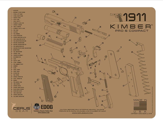 Kimber Gun Cleaning Mat - Tan Schematic (Exploded View) Diagram Compatible with Kimber Combat & Pro Tan Series Pistol 3 mm Padded Pad Protect Your Firearm Magazines Bench Surfaces Gun Oil