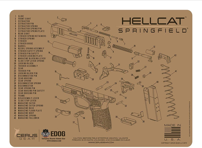 Springfield Armory Hellcat Tan Schematic (Exploded View) Heavy Duty Pistol Cleaning 12x17 Padded Gun-Work Surface Protector Mat Solvent & Oil Resistant